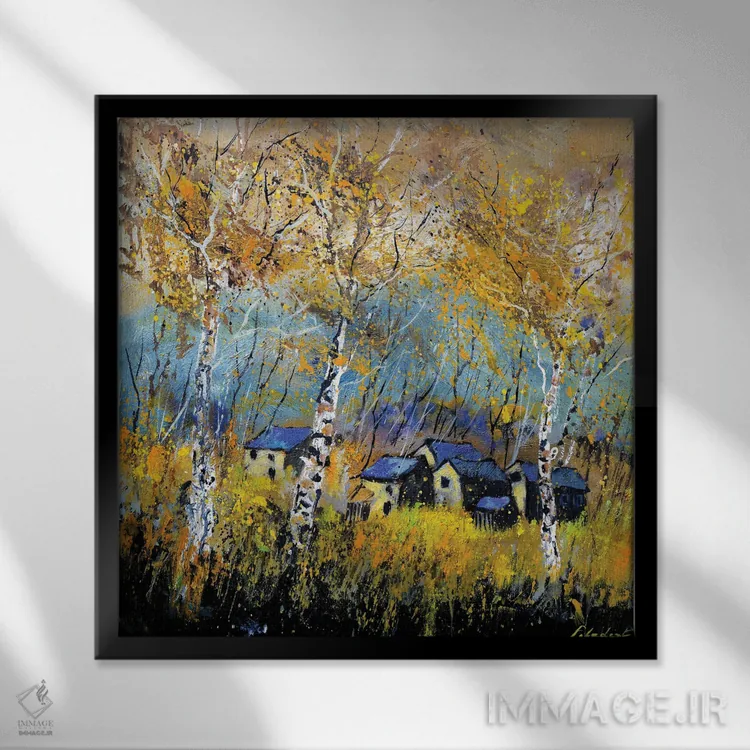 تابلو دکوراتیو درختان صنوبر در پاییز اثر پل لدنت - نمای قابدار مشکی