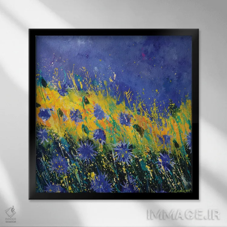 تابلو انتزاعی گل های گندم نمای آبی تابستانی اثر پل لدنت - نمای قابدار مشکی
