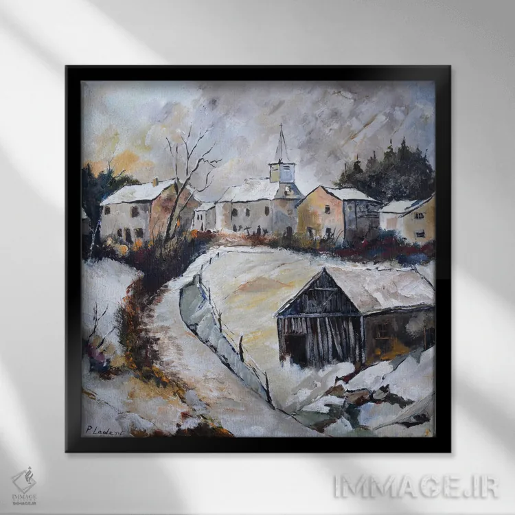 تابلو دکوراتیو روستا در زمستان اثر پل لدنت - نمای قابدار مشکی
