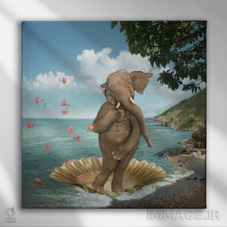 تابلو دکوراتیو پاپوشی تولد ونوس با فیل اثر لوند روزر - نمای روبهرو روی دیوار