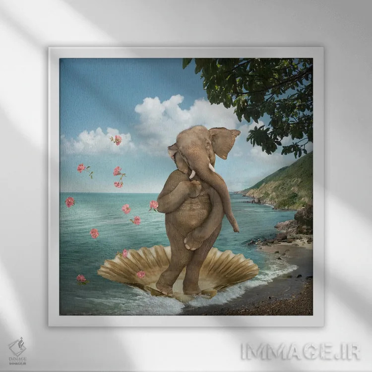 تابلو دکوراتیو پاپوشی تولد ونوس با فیل اثر لوند روزر - نمای قابدار سفید
