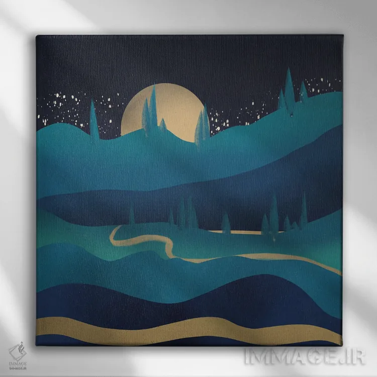 تابلو مینیمال جاده کوهستانی زیر نور مهتاب اثر لیتل باور - نمای روبهرو روی دیوار