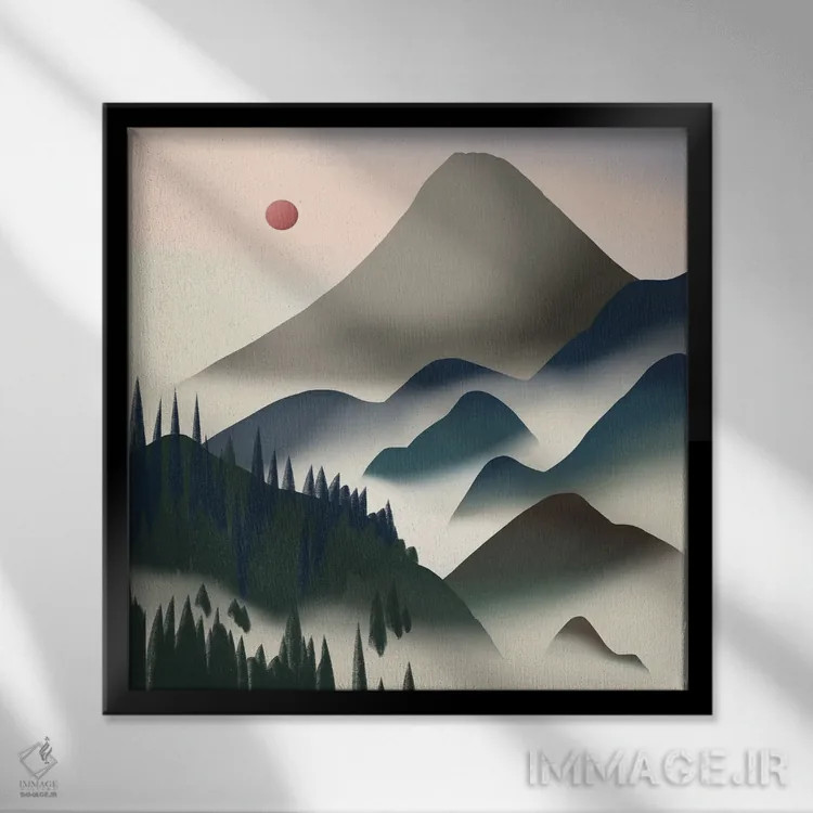 تابلو مینیمال طبیعت در خاکستری و آبی اثر لیتل باور - نمای قابدار مشکی