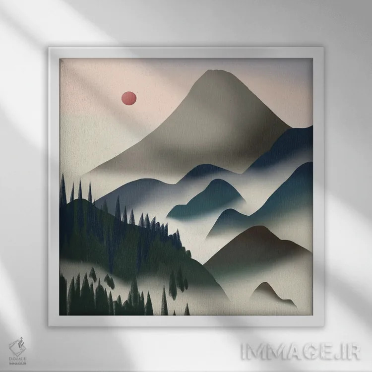 تابلو مینیمال طبیعت در خاکستری و آبی اثر لیتل باور - نمای قابدار سفید