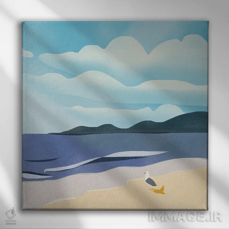 تابلو مینیمال آفتاب گرفتن مرغ دریایی اثر لیتل باور - نمای روبهرو روی دیوار