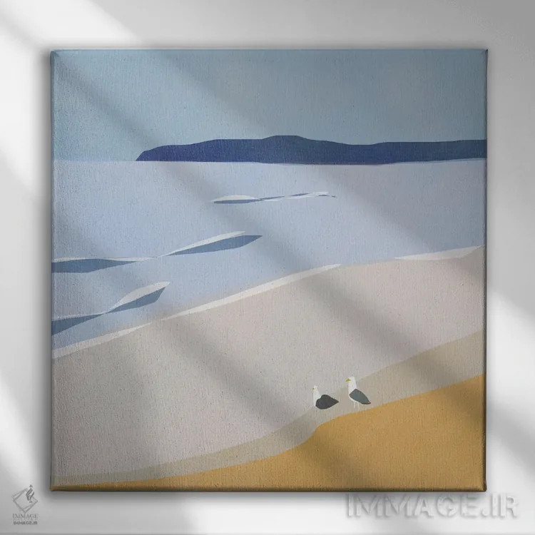 تابلو مینیمال مرغان دریایی در ساحل اثر لیتل باور - نمای روبهرو روی دیوار