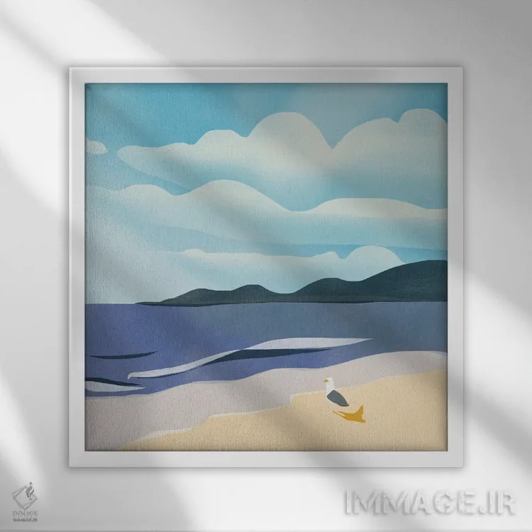 تابلو مینیمال آفتاب گرفتن مرغ دریایی اثر لیتل باور - نمای قابدار سفید