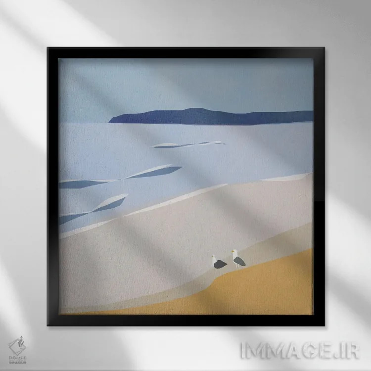 تابلو مینیمال مرغان دریایی در ساحل اثر لیتل باور - نمای قابدار مشکی