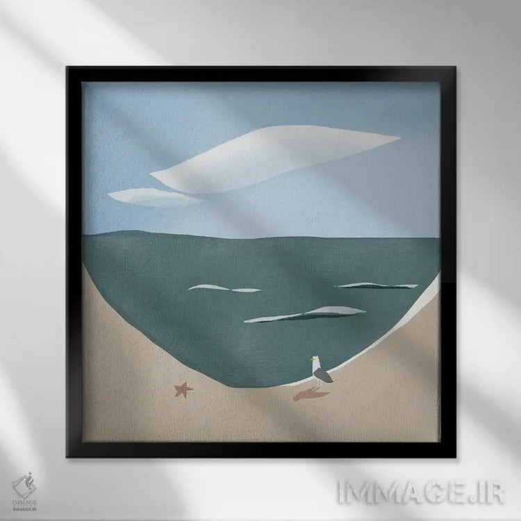 تابلو مینیمال انحنای ساحل و مرغ دریایی اثر لیتل باور - نمای قابدار مشکی