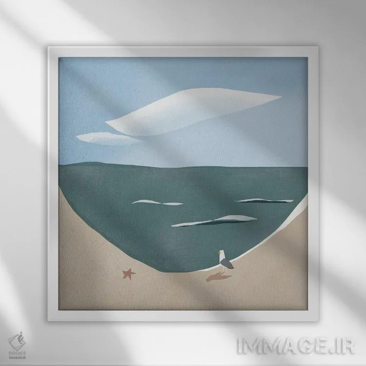 تابلو مینیمال انحنای ساحل و مرغ دریایی اثر لیتل باور - نمای قابدار سفید