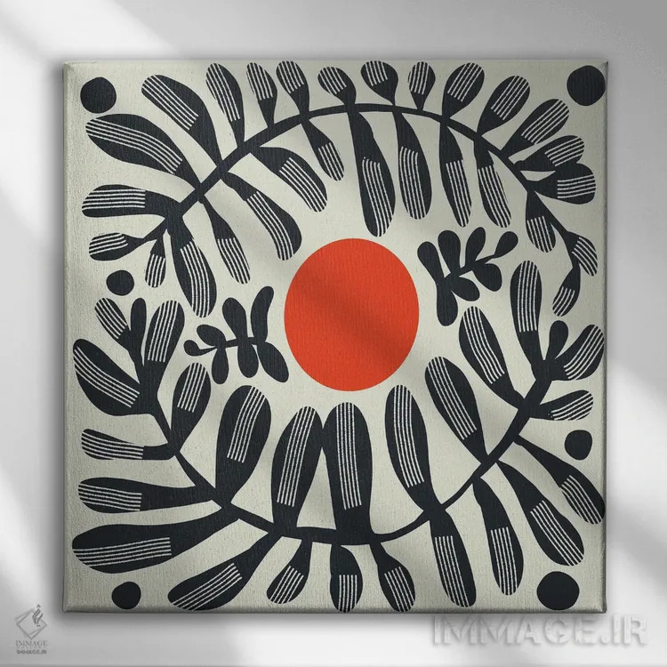 تابلو انتزاعی گیاه سیاه و خورشید قرمز اثر لیتل باور - نمای روبهرو روی دیوار