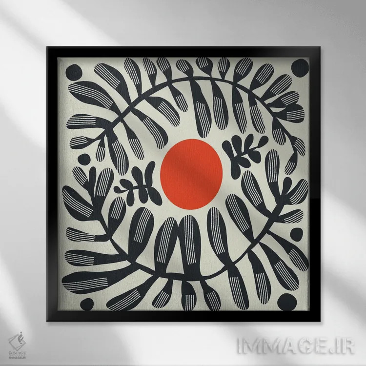 تابلو انتزاعی گیاه سیاه و خورشید قرمز اثر لیتل باور - نمای قابدار مشکی