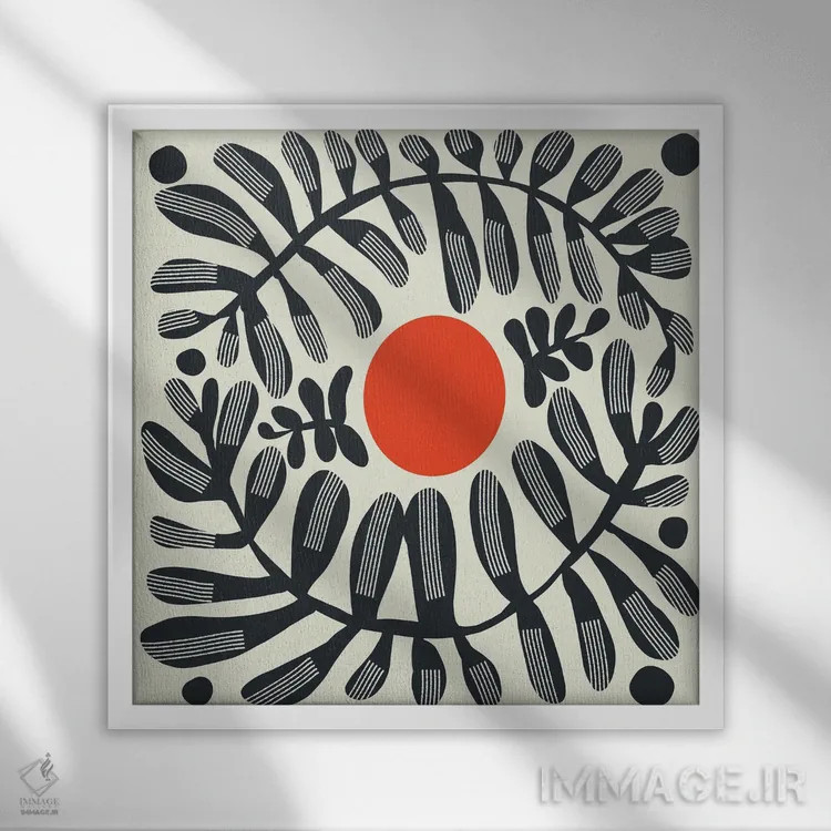 تابلو انتزاعی گیاه سیاه و خورشید قرمز اثر لیتل باور - نمای قابدار سفید