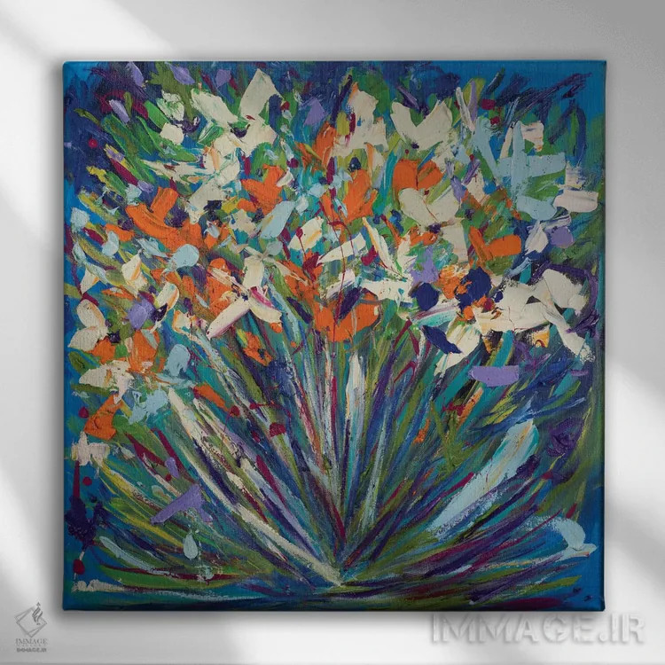 تابلو انتزاعی کارهای گل کاری فرفکس اثر شالیمار لگاسپی - نمای روبهرو روی دیوار