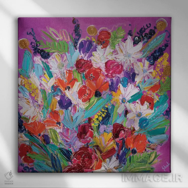 تابلو انتزاعی دسته گل راشل اثر شالیمار لگاسپی - نمای روبهرو روی دیوار