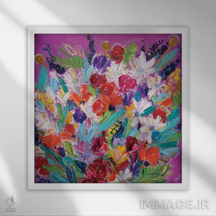 تابلو انتزاعی دسته گل راشل اثر شالیمار لگاسپی - نمای قابدار سفید