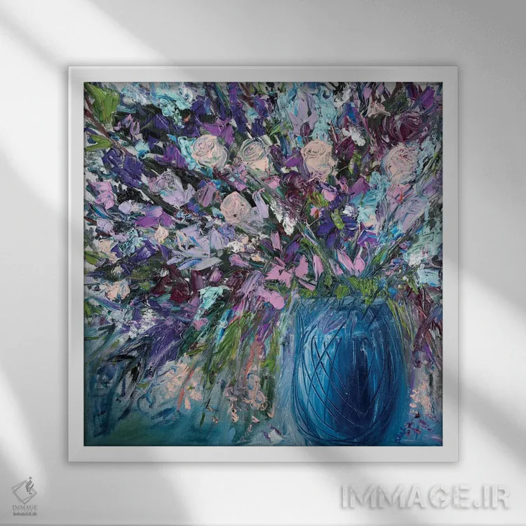 تابلو انتزاعی رزهای ابریشمی اثر شالیمار لگاسپی - نمای قابدار سفید