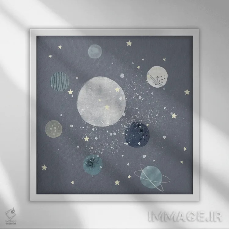تابلو دکوراتیو سیارات فضایی اثر لیا استراتسما - نمای قابدار سفید