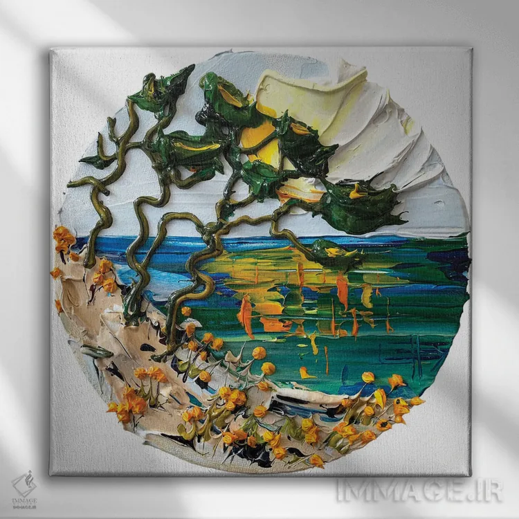 تابلو دکوراتیو آفتاب درخت سرو اثر لیزا الی - نمای روبهرو روی دیوار