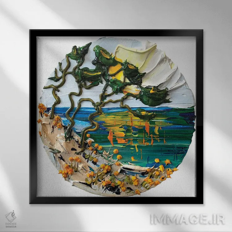 تابلو دکوراتیو آفتاب درخت سرو اثر لیزا الی - نمای قابدار مشکی