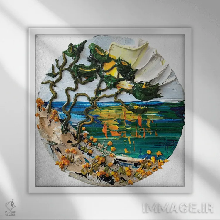 تابلو دکوراتیو آفتاب درخت سرو اثر لیزا الی - نمای قابدار سفید