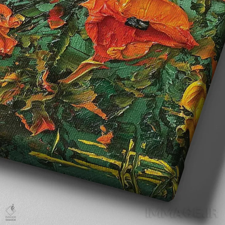 تابلو دکوراتیو شکوفه های شقایق اثر لیزا الی - نمای نزدیک بافت بوم