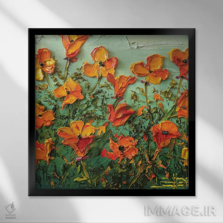 تابلو دکوراتیو شکوفه های شقایق اثر لیزا الی - نمای قابدار مشکی