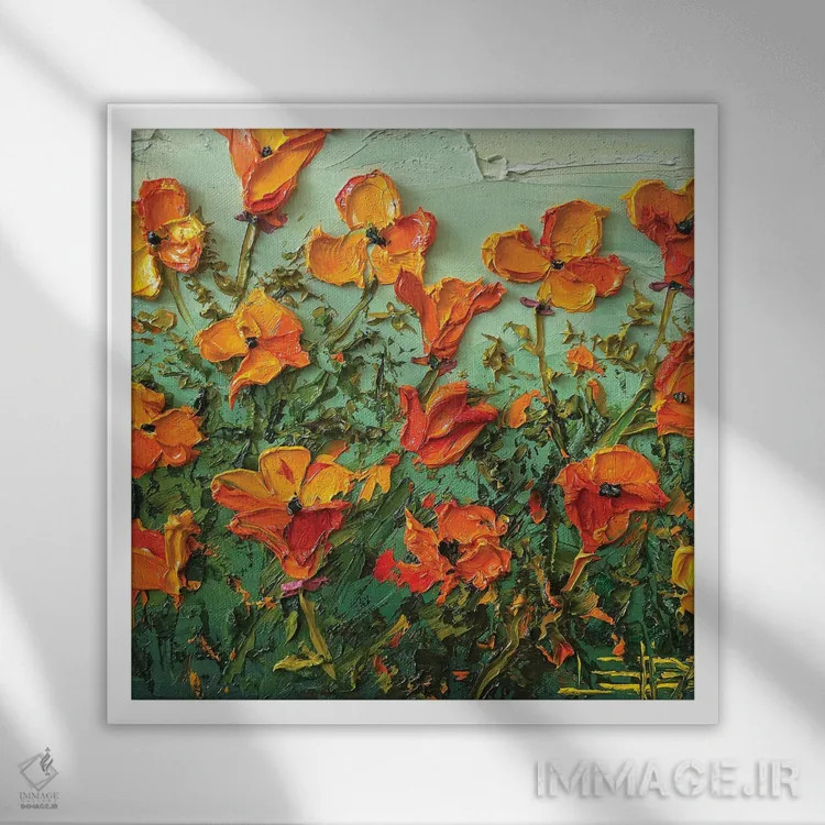 تابلو دکوراتیو شکوفه های شقایق اثر لیزا الی - نمای قابدار سفید