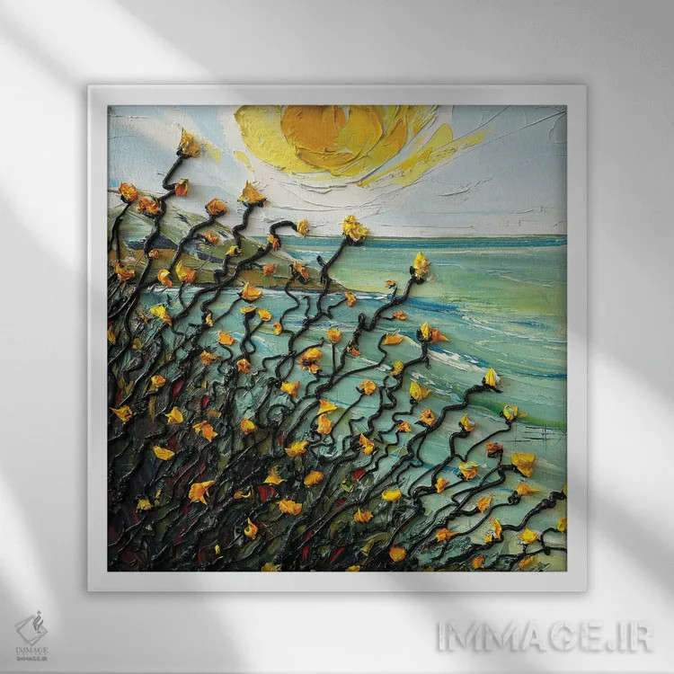 تابلو دکوراتیو خورشید بهشتی اثر لیزا الی - نمای قابدار سفید