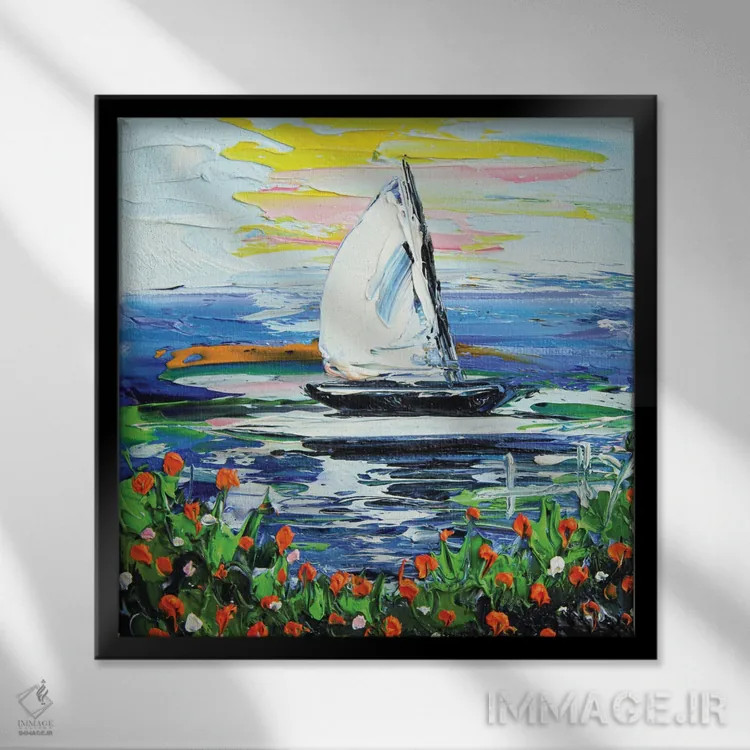 تابلو دکوراتیو قایق بادبانی مونتری اثر لیزا الی - نمای قابدار مشکی