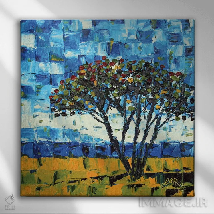 تابلو انتزاعی درخت پوهوکاکاوا نیوزیلند اثر لیزا الی - نمای روبهرو روی دیوار