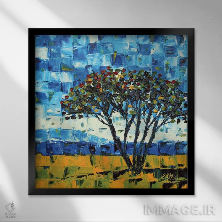 تابلو انتزاعی درخت پوهوکاکاوا نیوزیلند اثر لیزا الی - نمای قابدار مشکی