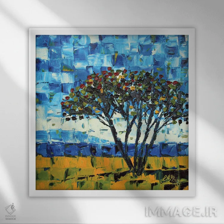 تابلو انتزاعی درخت پوهوکاکاوا نیوزیلند اثر لیزا الی - نمای قابدار سفید