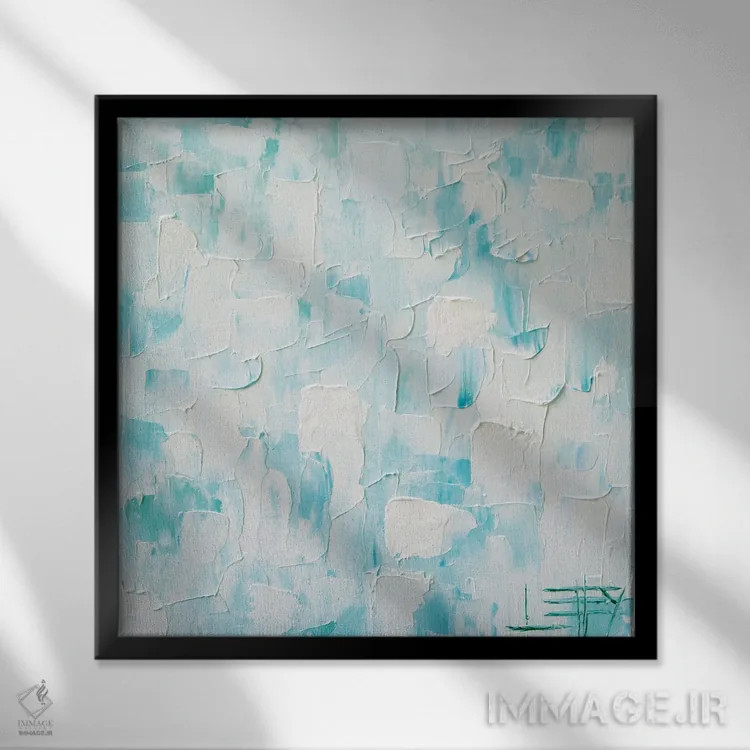 تابلو انتزاعی نقاشی انتزاعی آبی و سفید با کاردک اثر لیزا الی - نمای قابدار مشکی