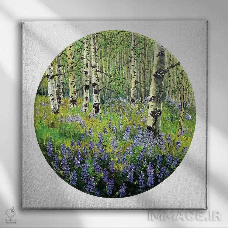تابلو دکوراتیو گل های لوپین و تبریزی در بهار کنار دریاچه تاهو اثر لیزا الی - نمای روبهرو روی دیوار