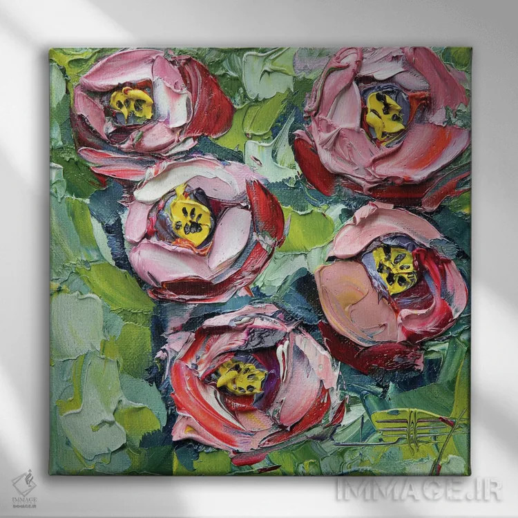 تابلو دکوراتیو گل صدتومانی اثر لیزا الی - نمای روبهرو روی دیوار