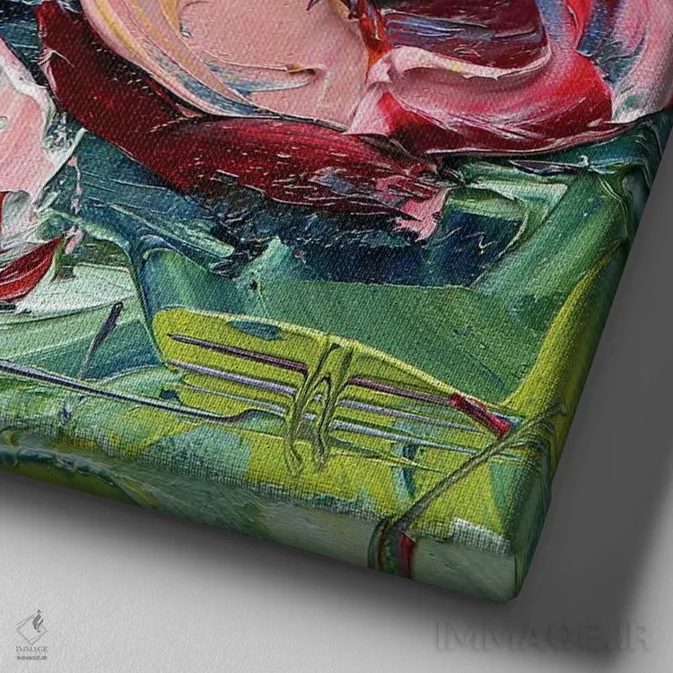 تابلو دکوراتیو گل صدتومانی اثر لیزا الی - نمای نزدیک بافت بوم