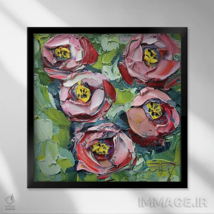 تابلو دکوراتیو گل صدتومانی اثر لیزا الی - نمای قابدار مشکی