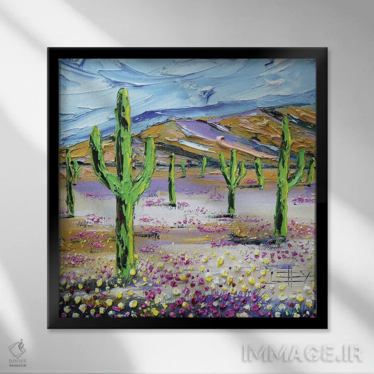 تابلو دکوراتیو رویای صحرایی با کاکتوس ساگوارو اثر لیزا الی - نمای قابدار مشکی