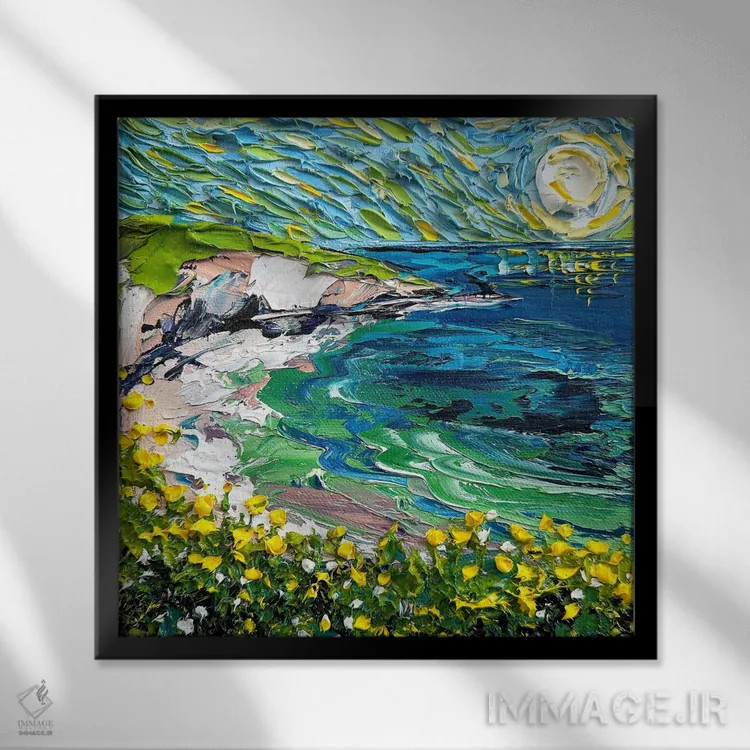 تابلو انتزاعی موج فیروزه ای لاهویا اثر لیزا الی - نمای قابدار مشکی