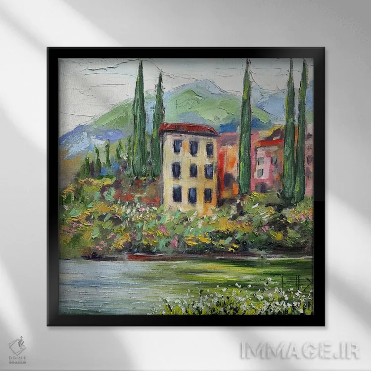 تابلو دکوراتیو یک روز در دریاچه کومو در ایتالیا اثر لیزا الی - نمای قابدار مشکی