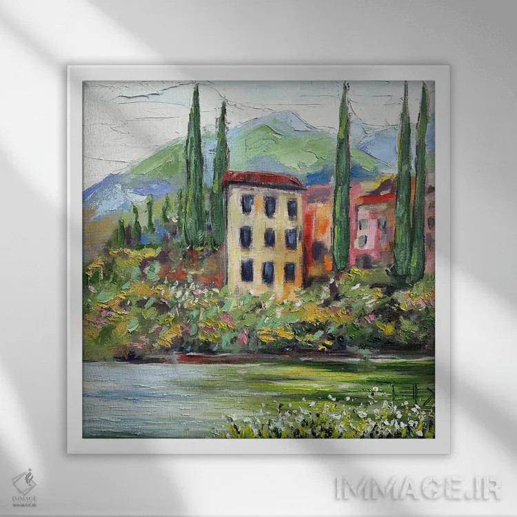 تابلو دکوراتیو یک روز در دریاچه کومو در ایتالیا اثر لیزا الی - نمای قابدار سفید