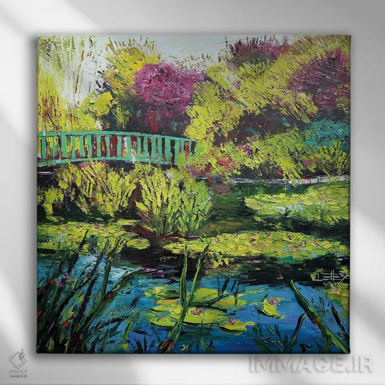 تابلو انتزاعی بازتاب های نیلوفر آبی با مونه اثر لیزا الی - نمای روبهرو روی دیوار