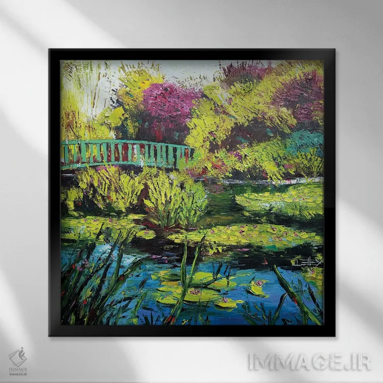 تابلو انتزاعی بازتاب های نیلوفر آبی با مونه اثر لیزا الی - نمای قابدار مشکی