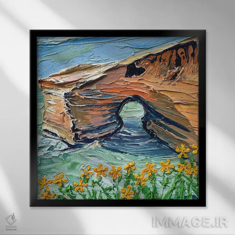 تابلو انتزاعی غار موجی صخره های غروب سن دیگو اثر لیزا الی - نمای قابدار مشکی