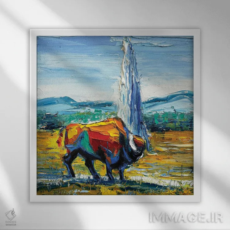 تابلو دکوراتیو گاومیش آمریکایی در یلواستون اثر لیزا الی - نمای قابدار سفید