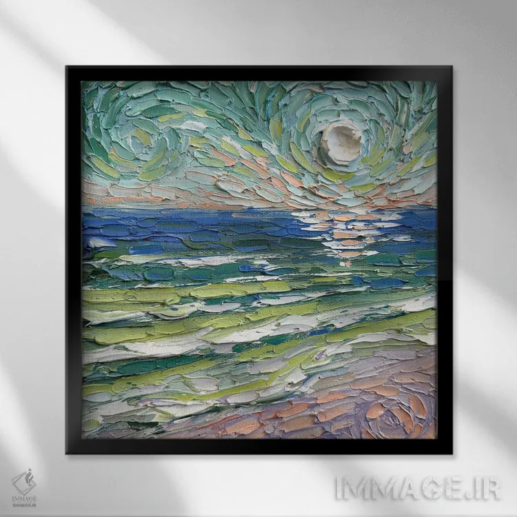 تابلو دکوراتیو ساحل سبزگون اثر لیزا الی - نمای قابدار مشکی