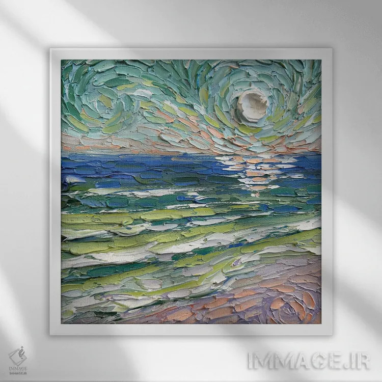 تابلو دکوراتیو ساحل سبزگون اثر لیزا الی - نمای قابدار سفید