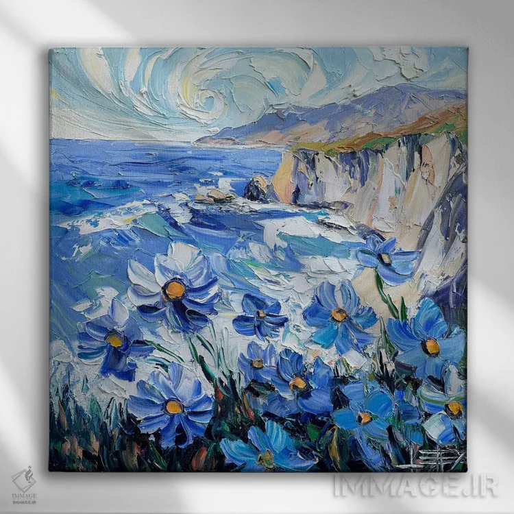 تابلو دکوراتیو چرخش های آبی اثر لیزا الی - نمای روبهرو روی دیوار