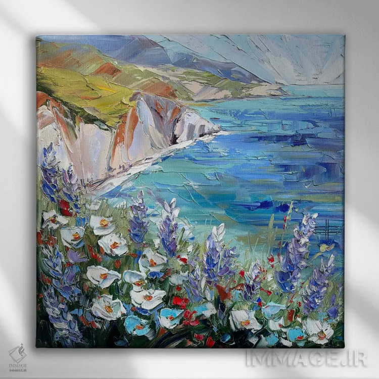 تابلو دکوراتیو شکوفه آبی ساحلی اثر لیزا الی - نمای روبهرو روی دیوار